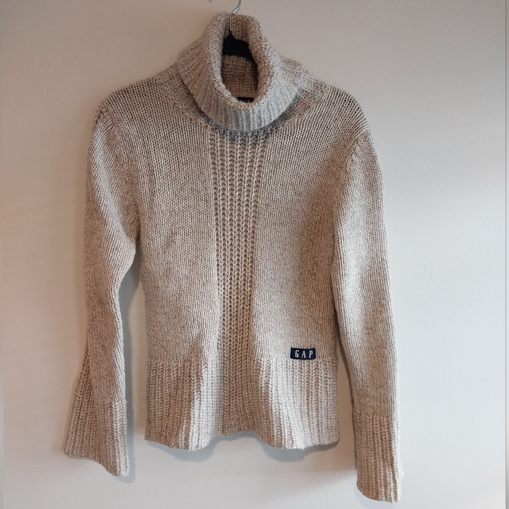 GAP Vintage Y2K 100% Wool Beige Fisherman Ribbed Turtleneck Sweater